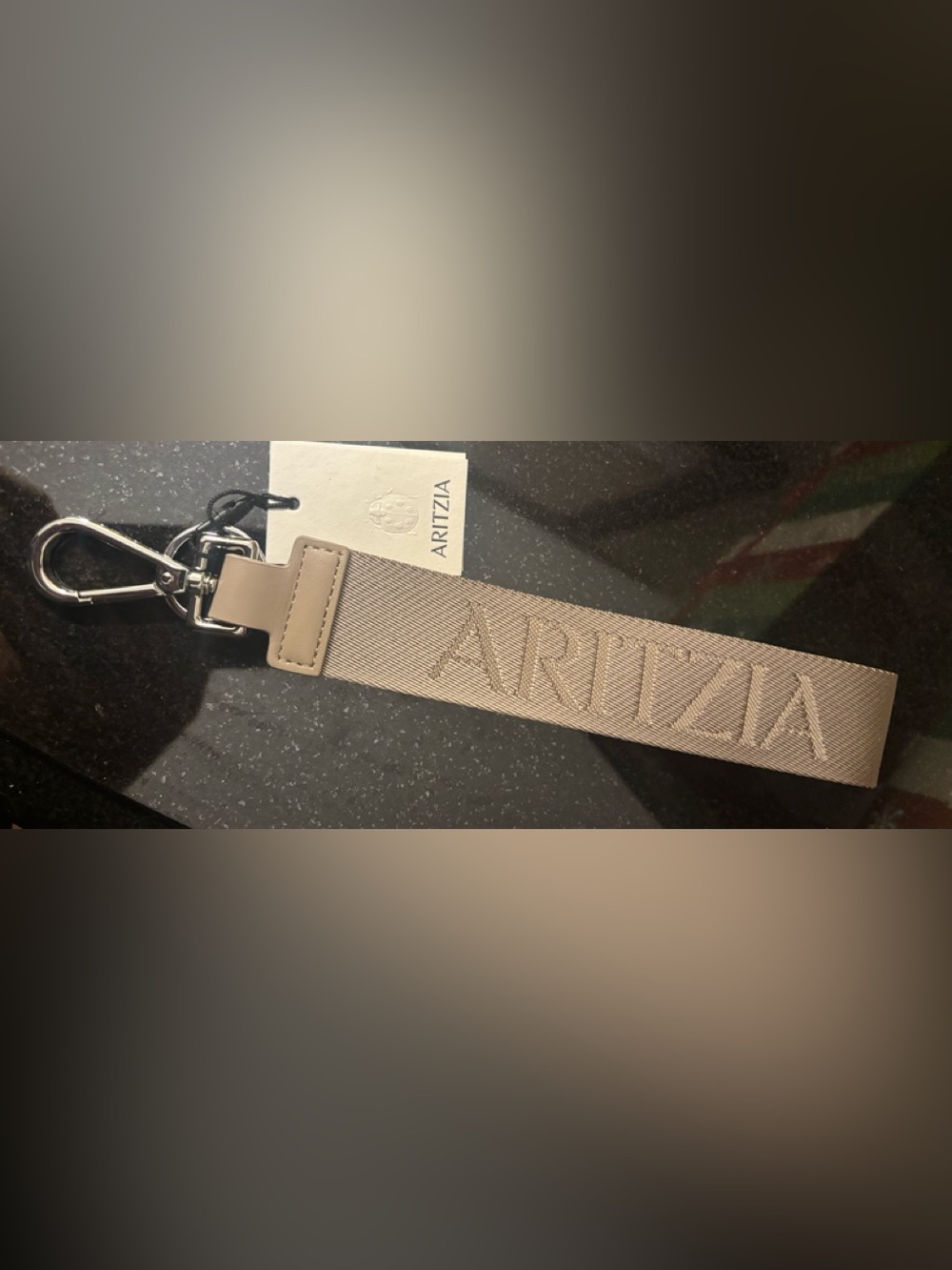 Aritzia Taupe Embroidered Logo Keychain Bag Purse Backpack Luggage Tag